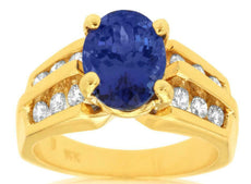 3.4CT DIAMOND & AAA TANZANITE 14K YELLOW GOLD OVAL & ROUND 2 ROW ENGAGEMENT RING