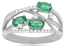 0.90CT DIAMOND & AAA EMERALD 14KT WHITE GOLD 3D OVAL & ROUND CRISS CROSS FUN RING