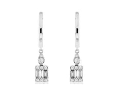 .38CT DIAMOND 14KT WHITE GOLD ROUND & BAGUETTE SQUARE LEVERBACK HANGING EARRINGS