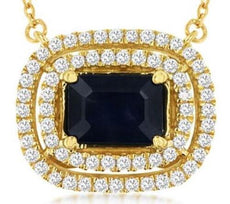 1.42CT DIAMOND & AAA SAPPHIRE 14K YELLOW GOLD EMERALD CUT HALO OVAL FUN NECKLACE