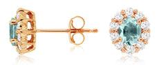 1.05CT DIAMOND & AAA AQUAMARINE 14KT ROSE GOLD OVAL & ROUND FLOWER STUD EARRINGS