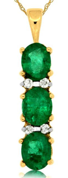 1.05CT DIAMOND & AAA EMERALD 14KT YELLOW GOLD 3D OVAL & ROUND 3 STONE PENDANT