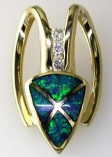 ESTATE .12CT DIAMOND & AAA OPAL 14KT YELLOW GOLD 3D TRIANGULAR SLIDER PENDANT