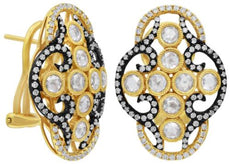 1.90CT WHITE & ROSE CUT DIAMOND 18KT YELLOW & BLACK GOLD OPEN FILIGREE EARRINGS