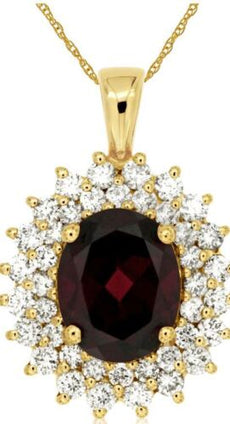 3.25CT DIAMOND & AAA GARNET 14KT YELLOW GOLD OVAL & ROUND HALO FLOATING PENDANT
