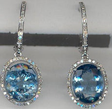 6.32CT DIAMOND & AAA AQUAMARINE 14KT WHITE GOLD 3D OVAL & ROUND HANGING EARRINGS
