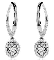 .37CT DIAMOND 14K WHITE GOLD ROUND & BAGUETTE CLUSTER OVAL HALO HANGING EARRINGS