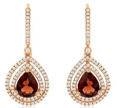 4.15CT DIAMOND & AAA GARNET 14KT ROSE GOLD PEAR SHAPE & ROUND HANGING EARRINGS