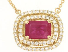 1.43CT DIAMOND & AAA RUBY 14KT YELLOW GOLD 3D EMERALD CUT HALO OVAL FUN NECKLACE