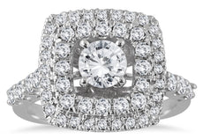 1.63CT DIAMOND 14KT WHITE GOLD CLASSIC ROUND DOUBLE HALO SQUARE ENGAGEMENT RING