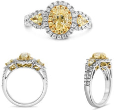 1.88CT WHITE & FANCY YELLOW DIAMOND 18KT 2 TONE GOLD OVAL & PEAR SHAPE HALO RING