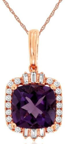2.08CT DIAMOND & AAA AMETHYST 14KT ROSE GOLD 3D CUSHION ROUND & BAGUETTE PENDANT