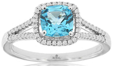 1.35CT DIAMOND & AAA BLUE TOPAZ 14K WHITE GOLD 3D CUSHION & ROUND HALO FUN RING