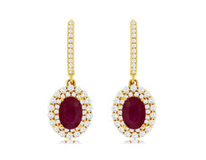 ESTATE 2.65CT DIAMOND & AAA RUBY 14KT YELLOW GOLD OVAL & ROUND HANGING EARRINGS
