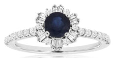 1.15CT DIAMOND & AAA SAPPHIRE 14K WHITE GOLD 3D ROUND & BAGUETTE ENGAGEMENT RING