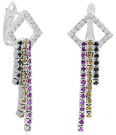 1.97CT WHITE & BLACK DIAMOND & AAA PINK YELLOW SAPPHIRES 14K WHITE GOLD EARRINGS