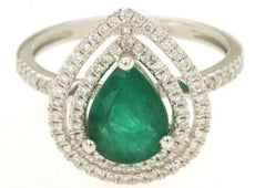 2CT DIAMOND & AAA EMERALD 14KT WHITE GOLD PEAR SHAPE DOUBLE HALO ENGAGEMENT RING
