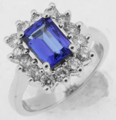 2.5CT DIAMOND & AAA TANZANITE 14KT WHITE GOLD SQUARE HALO FLORAL ENGAGEMENT RING