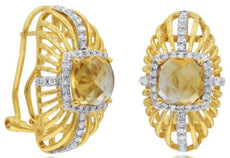 LARGE 3.88CT DIAMOND & AAA CITRINE 14KT YELLOW GOLD 3D CUSHION & ROUND EARRINGS
