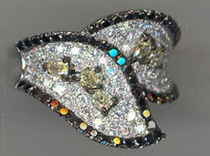 1.94CT WHITE BLACK & FANCY YELLOW DIAMOND 18K WHITE GOLD 3D DOUBLE LEAF FUN RING