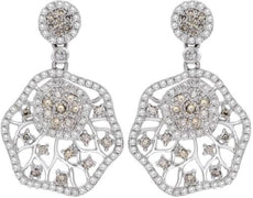 LARGE 1.37CT WHITE & CHOCOLATE FANCY DIAMOND 14KT WHITE GOLD 3D HANGING EARRINGS