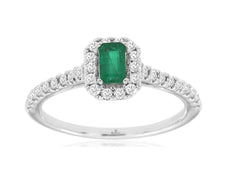 .58CT DIAMOND & AAA EMERALD 14K WHITE GOLD ROUND & BAGUETTE HALO FRIENDSHIP RING