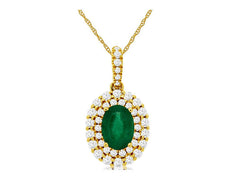 1.09CT DIAMOND & AAA EMERALD 14KT YELLOW GOLD OVAL & ROUND HALO FLOATING PENDANT