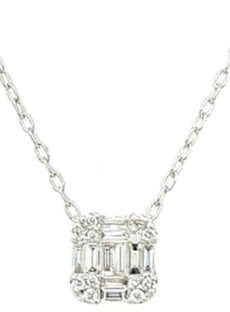 .30CT DIAMOND 18KT WHITE GOLD 3D ROUND & BAGUETTE CLUSTER SQUARE LOVE NECKLACE