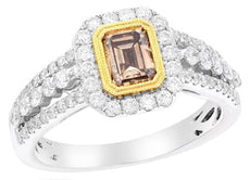 1.49CT WHITE & MOCHA DIAMOND 18K 2 TONE GOLD CLASSIC SQUARE HALO ENGAGEMENT RING