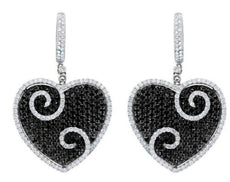 LARGE 5.23CT WHITE & BLACK DIAMOND 18KT WHITE GOLD 3D FILIGREE HANGING EARRINGS