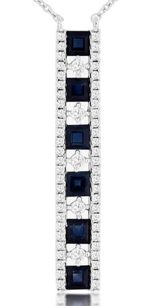 1.65CT DIAMOND & AAA SAPPHIRE 14KT WHITE GOLD ROUND & PRINCESS BAR LOVE NECKLACE
