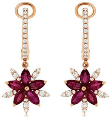 2.01CT DIAMOND & AAA RUBY 14KT ROSE GOLD 3D MARQUISE FLOWER FUN HANGING EARRINGS