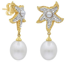 .07CT DIAMOND & AAA SOUTH SEA PEARL 14KT YELLOW GOLD STARFISH HANGING EARRINGS