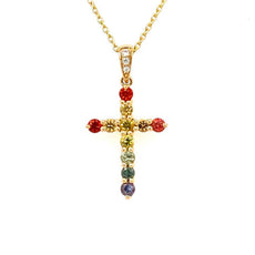 .54CT DIAMOND & AAA SAPPHIRE 18KT YELLOW GOLD 3D CROSS RAINBOW FLOATING PENDANT