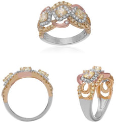 1.55CT WHITE FANCY YELLOW & PINK DIAMOND 18K TRI COLOR GOLD CUSHION & ROUND RING