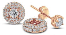 LARGE 1.49CT DIAMOND 14KT ROSE GOLD SOLITAIRE 3 ROW HALO STUD JACKET EARRING SET
