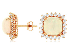 ESTATE 4.3CT DIAMOND & AAA OPAL 14K ROSE GOLD CUSHION & ROUND HALO STUD EARRINGS