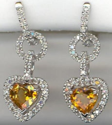 1.65CT DIAMOND & AAA CITRINE 14KT WHITE GOLD 3D HEART SHAPE & ROUND FUN EARRINGS