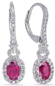 ESTATE 1.55CT DIAMOND & AAA RUBY 14KT WHITE GOLD HALO LEVERBACK HANGING EARRINGS
