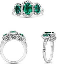 2.34CT DIAMOND & AAA EMERALD PLATINUM 3D OVAL & ROUND 3 STONE ENGAGEMENT RING