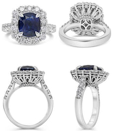 7.3CT DIAMOND & AAA SAPPHIRE PLATINUM 3D CUSHION & ROUND FLOWER ENGAGEMENT RING