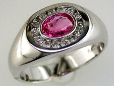 1.25CT DIAMOND & AAA PINK SAPPHIRE 14K WHITE GOLD OVAL & ROUND CLASSIC MENS RING