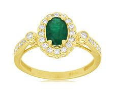 1.04CT DIAMOND & AAA EMERALD 14KT YELLOW GOLD 3D OVAL & ROUND FLOWER LOVE RING