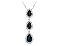 1.08CT DIAMOND & AAA SAPPHIRE 14KT WHITE GOLD PEAR SHAPE 3 STONE HALO NECKLACE