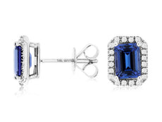 2.50CT DIAMOND & AAA TANZANITE 14KT WHITE GOLD EMERALD CUT & ROUND STUD EARRINGS