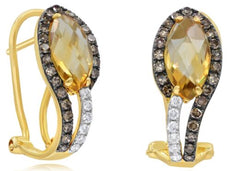2.38CT WHITE & CHOCOLATE FANCY DIAMOND & AAA CITRINE 14K YELLOW GOLD 3D EARRINGS