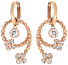 ESTATE .45CT DIAMOND 18KT ROSE GOLD MULTI FLOWER BEADED HUGGIE HANGING EARRINGS