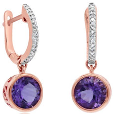2.51CT DIAMOND & AAA AMETHYST 14KT ROSE GOLD ROUND BEZEL HUGGIE HANGING EARRINGS