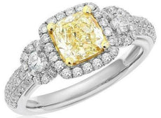 1.83CT WHITE & FANCY YELLOW DIAMOND 14KT 2 TONE GOLD CUSHION CUT ENGAGEMENT RING
