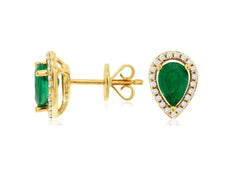 ESTATE .87CT DIAMOND & AAA EMERALD 14K YELLOW GOLD PEAR SHAPE HALO STUD EARRINGS